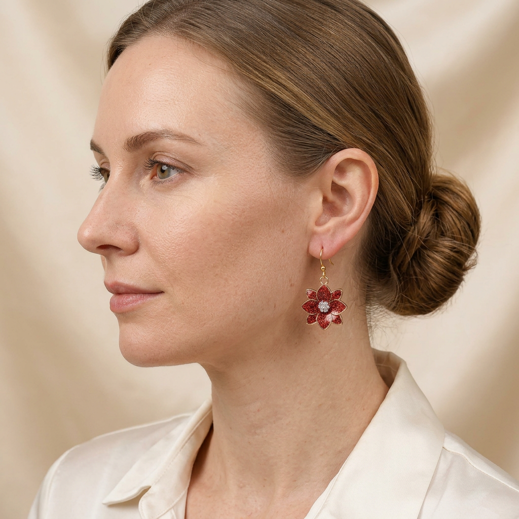 Model wearing Scarlet Poinsettia Sparkle Earrings