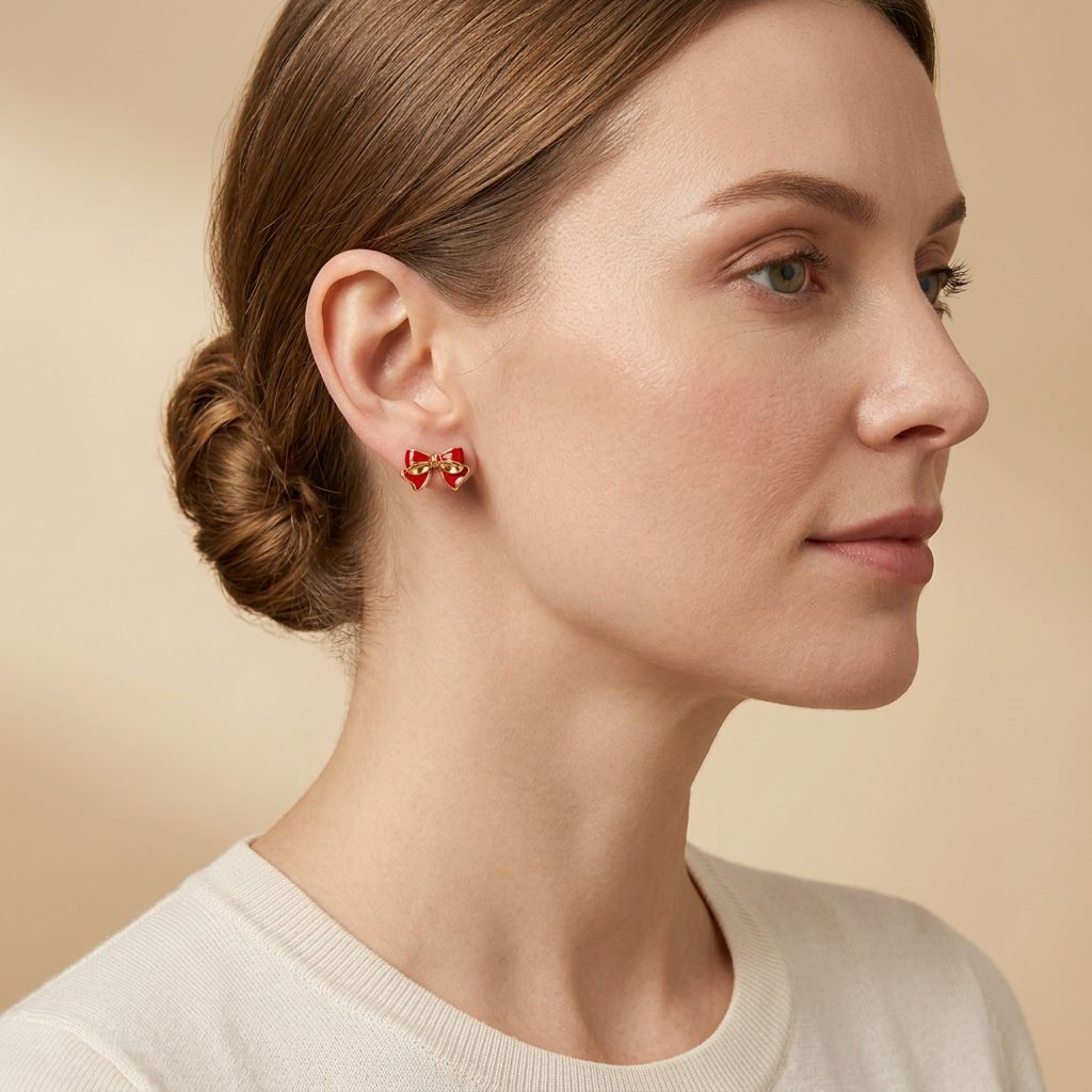 Model wearing Scarlet Ribbon Bow Studs