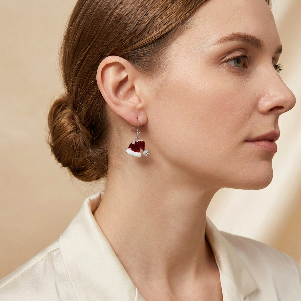 Model wearing smaller Santa Hat Sparkle Drops