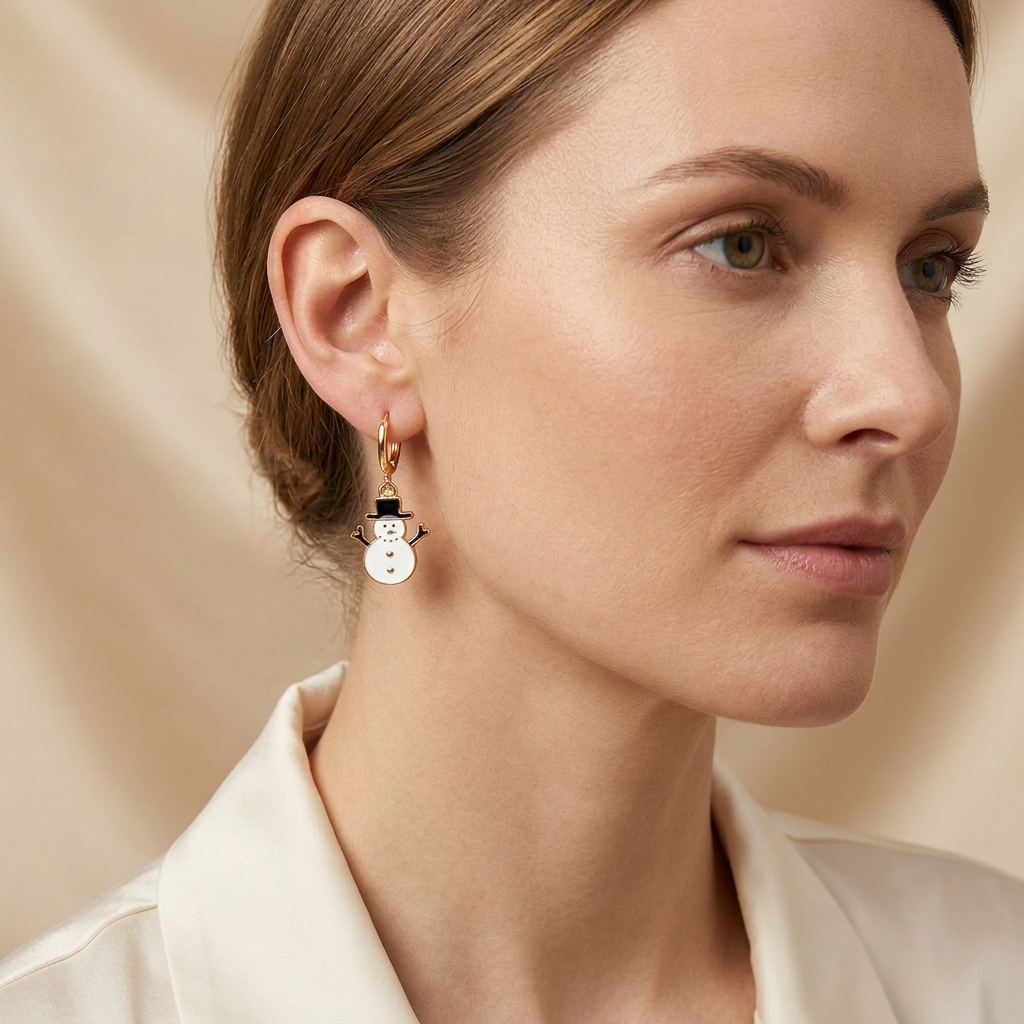Model wearing snowman earrings