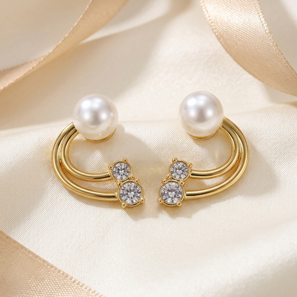 Pearl-look and clear-stone ear jacket earrings on satin